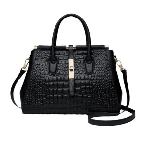 sac à main en cuir noir motif crocodile
