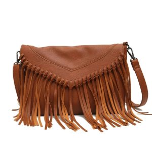 sac bandoulière à franges camel